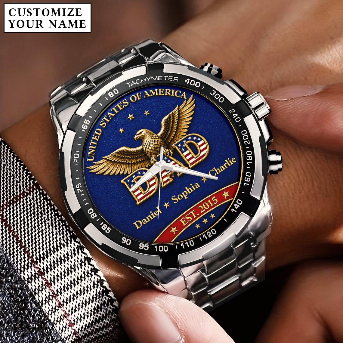 Personalized EST & Names for Independence Day Dad Watch