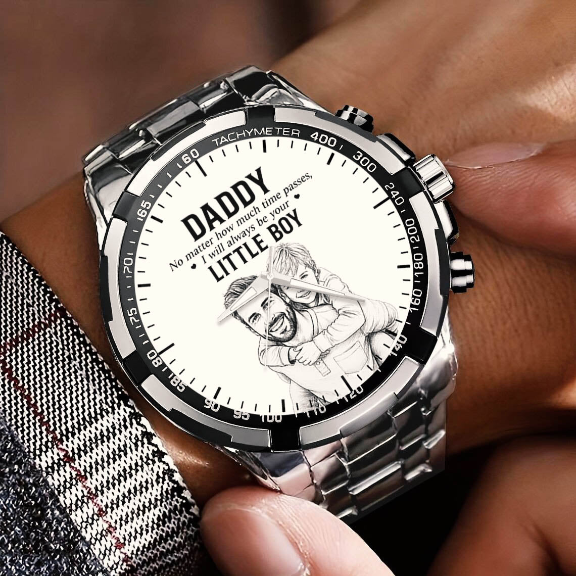Personalized Photo Pencil Drawing Daddy Father Little Boy Watch