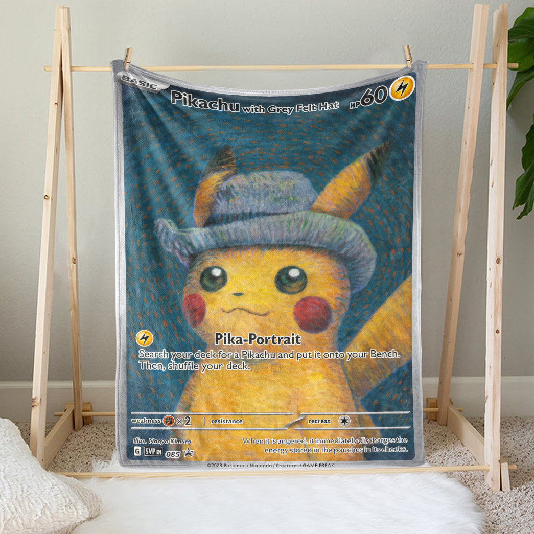 PKM Pikachu With Grey Felt Hat Custom Fleece Blanket