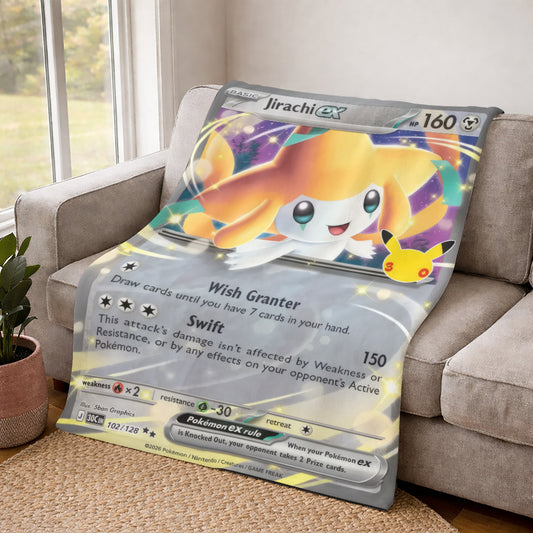 Jirachi PKM Custom Fleece Blanket – Personalized Anime Card Throw Blanket