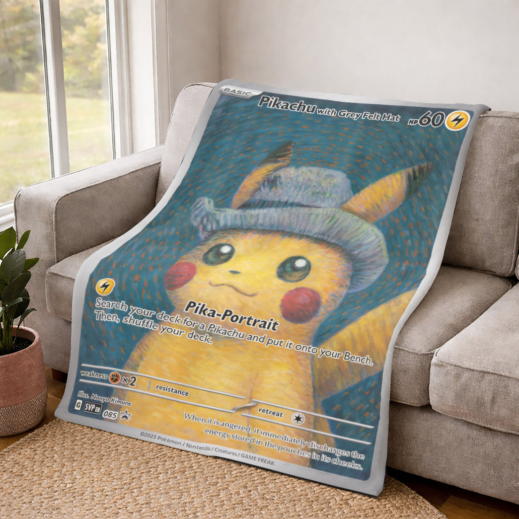 PKM Pikachu With Grey Felt Hat Custom Fleece Blanket
