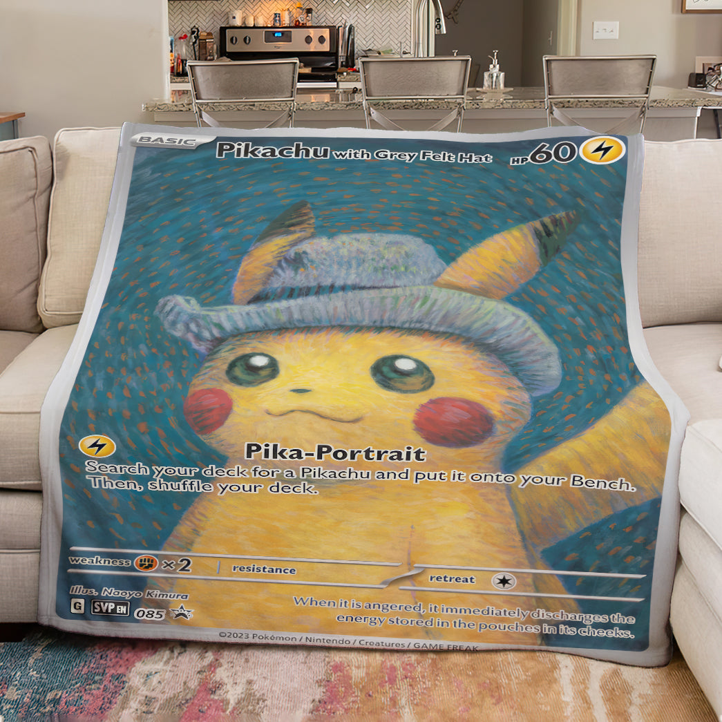 PKM Pikachu With Grey Felt Hat Custom Fleece Blanket