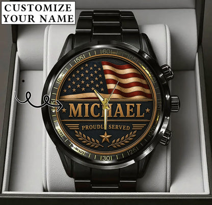 Personalized Proudly Served USA Anniversary Steel Stainless Watch