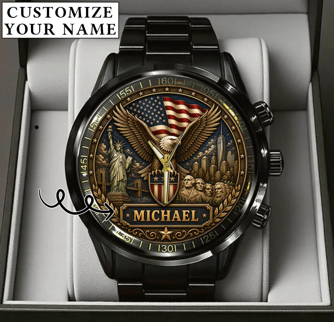 Personalized Eagle USA Flag Anniversary Steel Stainless Watch