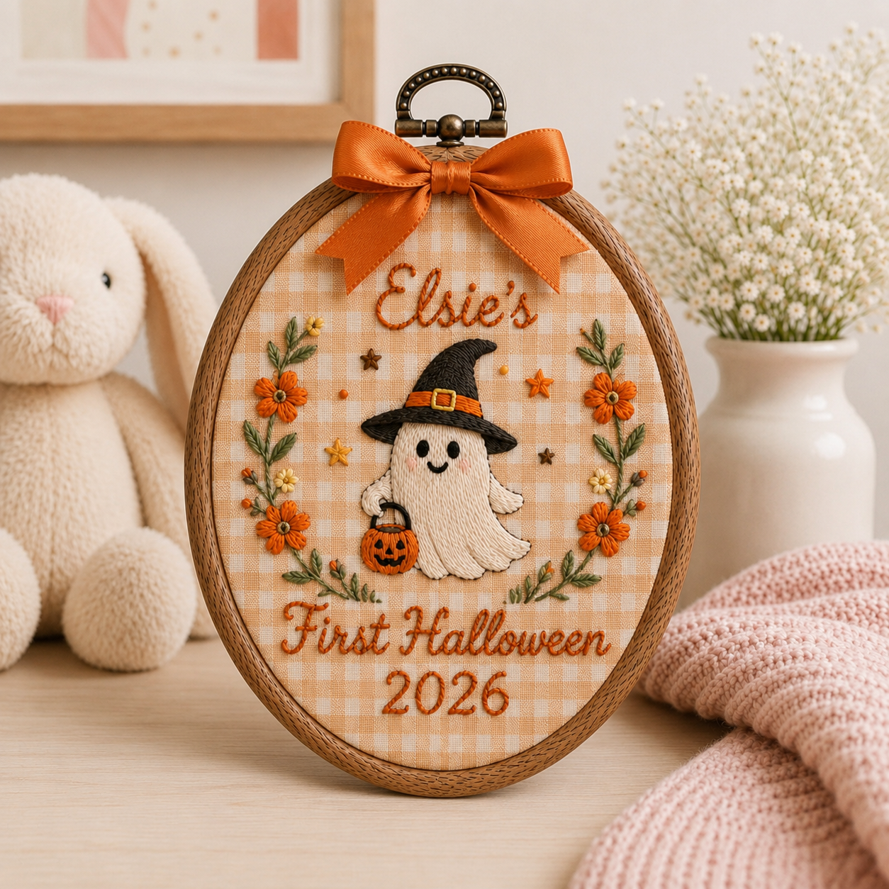 Custom First Halloween Embroidered Hoop – Personalized Memorial Wall Art
