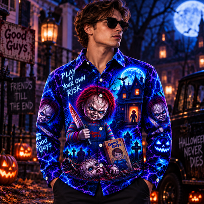 Halloween Chucky Neon AOP Long Sleeve Shirt With Pocket