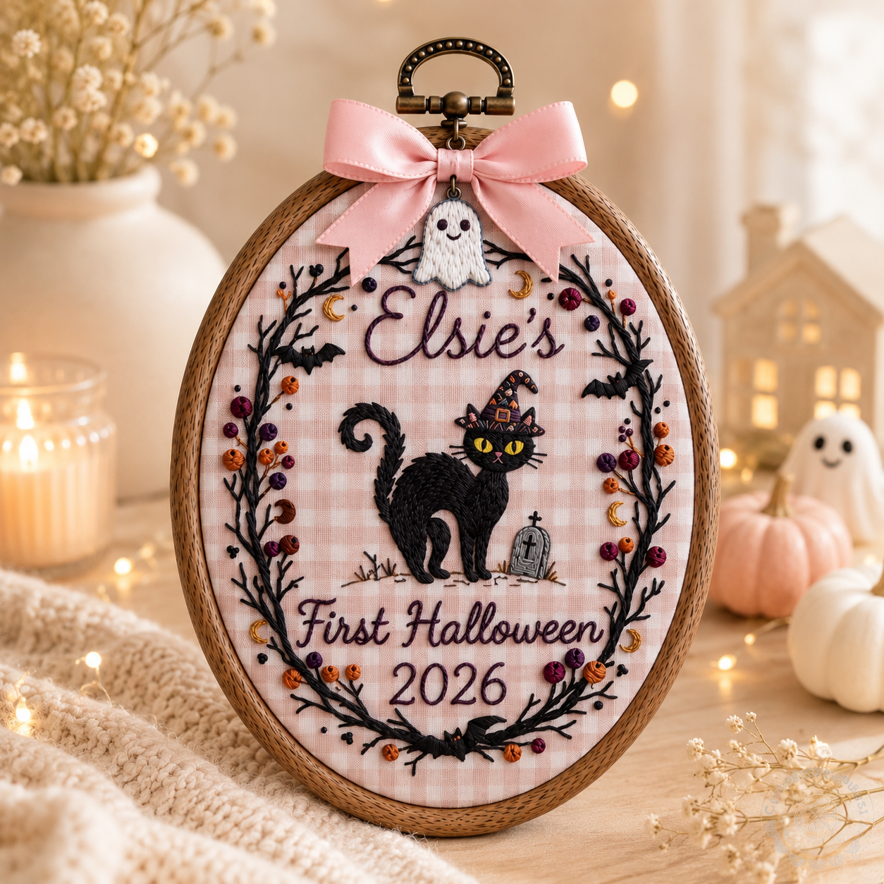 Custom First Halloween Embroidered Hoop – Personalized Memorial Wall Art