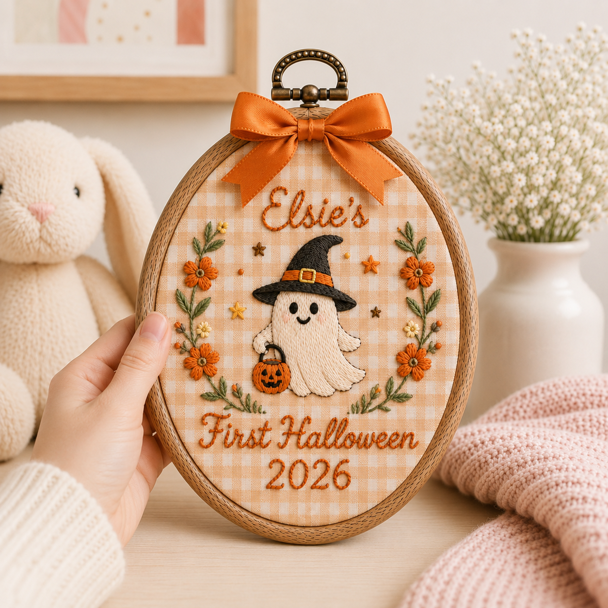 Custom First Halloween Embroidered Hoop – Personalized Memorial Wall Art