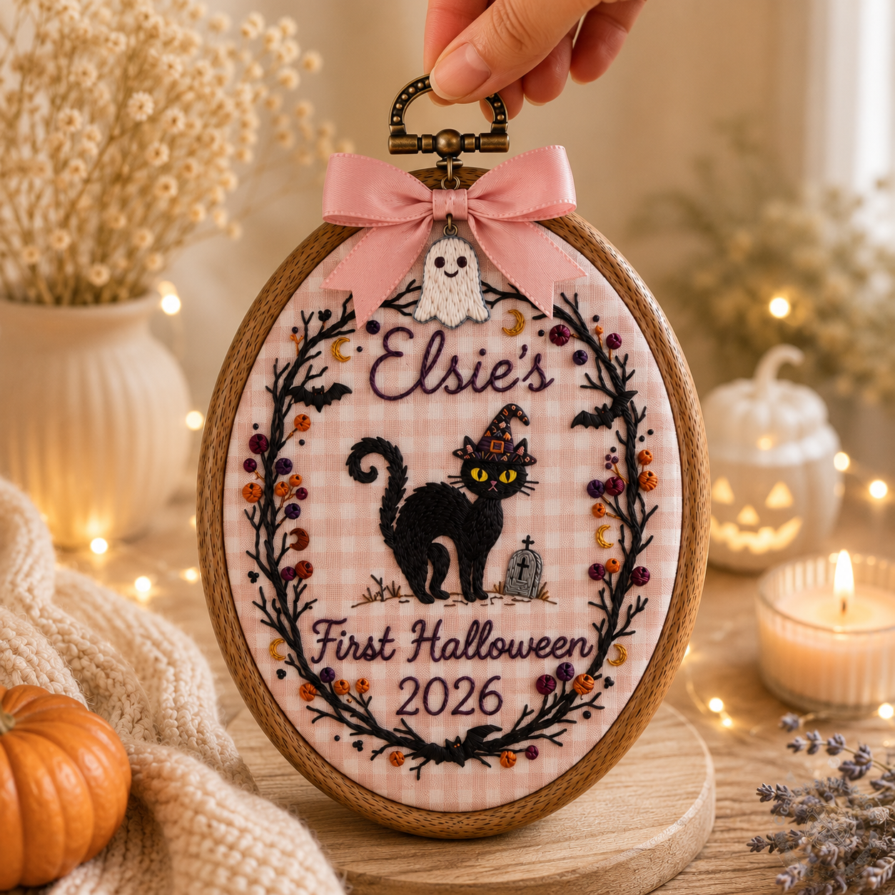 Custom First Halloween Embroidered Hoop – Personalized Memorial Wall Art