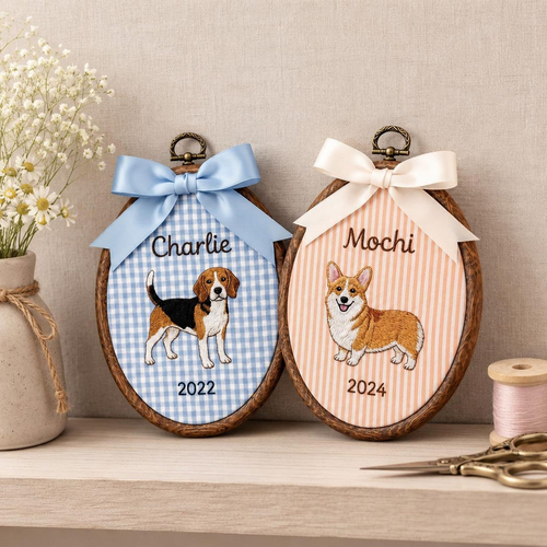 Custom Pet Portrait Embroidery Hoop – Personalized Dog Memorial Wall Art