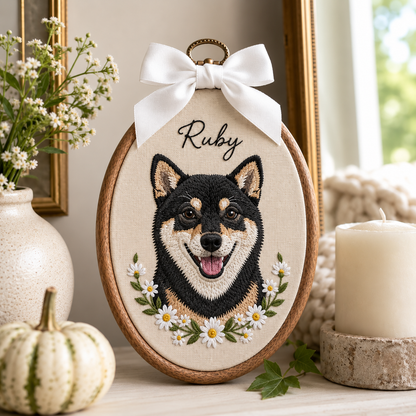 Custom Pet Portrait Embroidery Hoop – Personalized Dog Memorial Wall Art