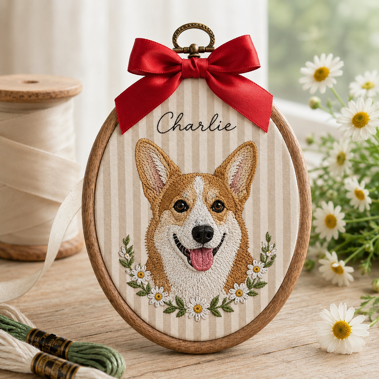 Custom Pet Portrait Embroidery Hoop – Personalized Dog Memorial Wall Art