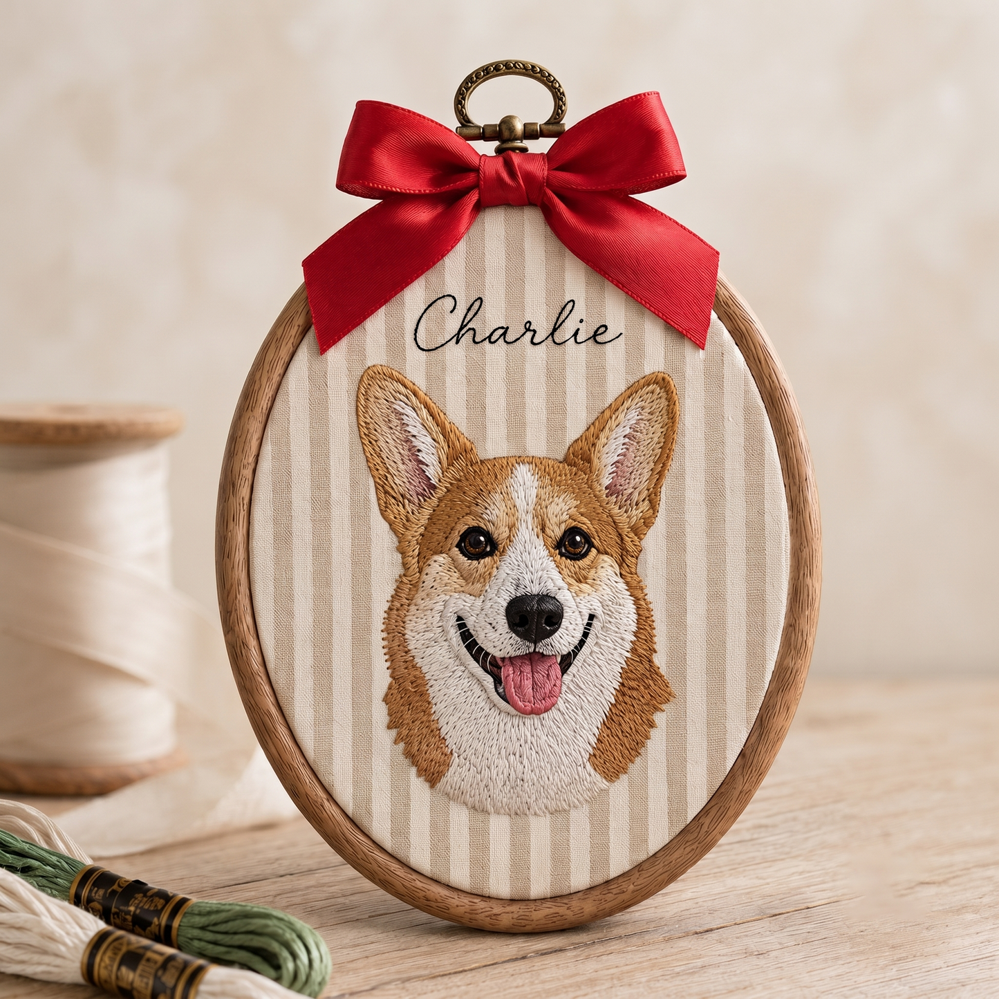 Custom Pet Portrait Embroidery Hoop – Personalized Dog Memorial Wall Art
