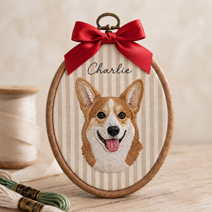 Custom Pet Portrait Embroidery Hoop – Personalized Dog Memorial Wall Art