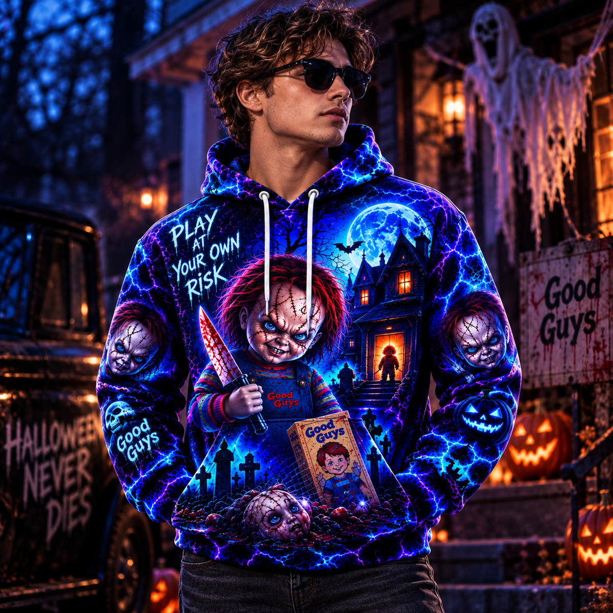 Halloween Neon Chucky AOP T-Shirt Sweatshirt Hoodie