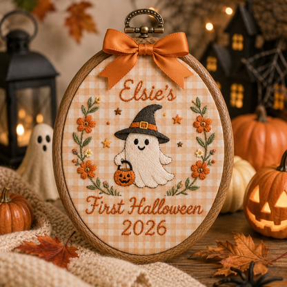 Custom First Halloween Embroidered Hoop – Personalized Memorial Wall Art