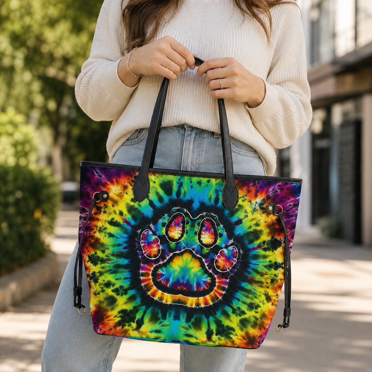 Vibrant Paw Colorful Tie-Dye Spiral Cat Women's Large PU Bag