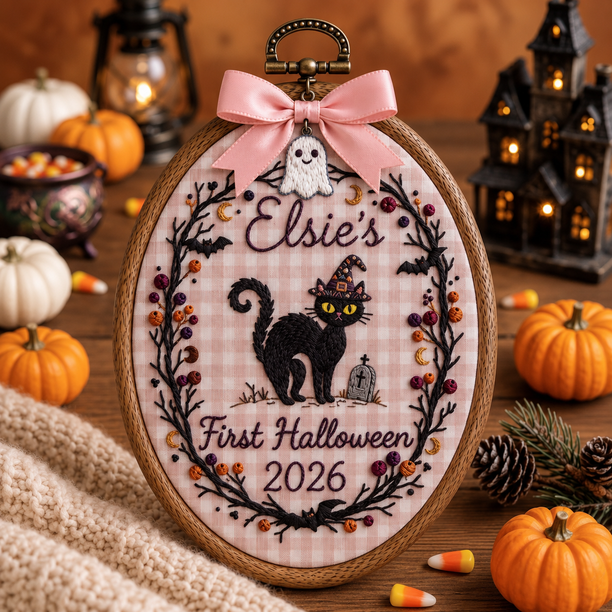 Custom First Halloween Embroidered Hoop – Personalized Memorial Wall Art