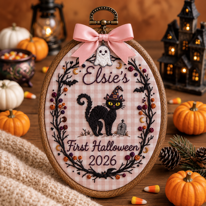 Custom First Halloween Embroidered Hoop – Personalized Memorial Wall Art