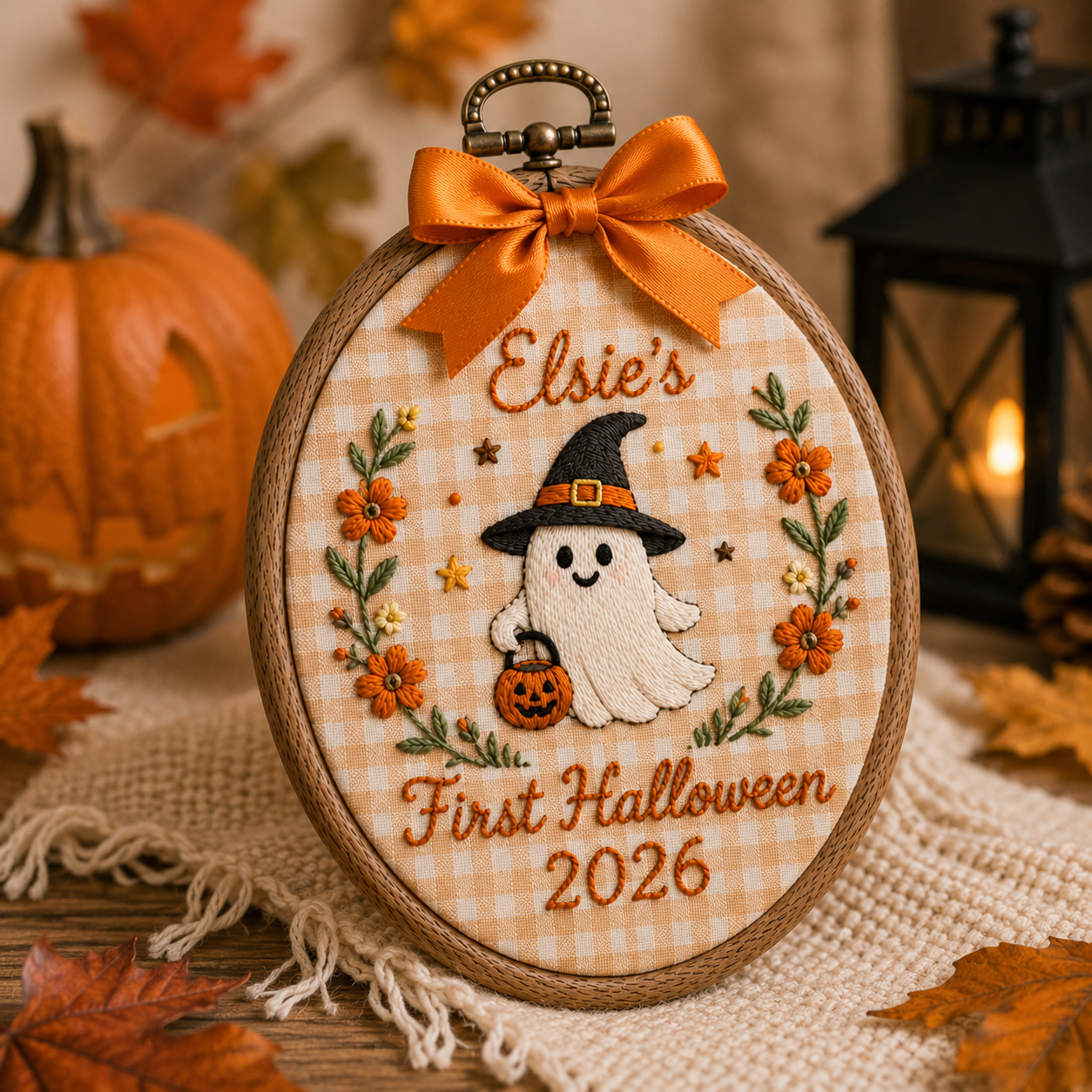 Custom First Halloween Embroidered Hoop – Personalized Memorial Wall Art