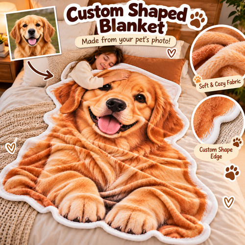 Personalized Pet Shaped Blanket – Custom Dog & Cat Photo Blanket, Unique Gift for Pet Lovers
