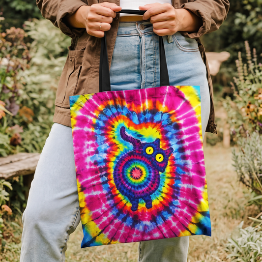 Vibrant Rainbow Tie-Dye Spiral Cat Tote Bag with Black Straps
