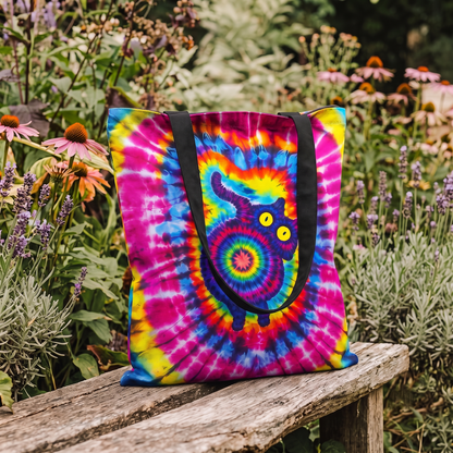 Vibrant Rainbow Tie-Dye Spiral Cat Tote Bag with Black Straps