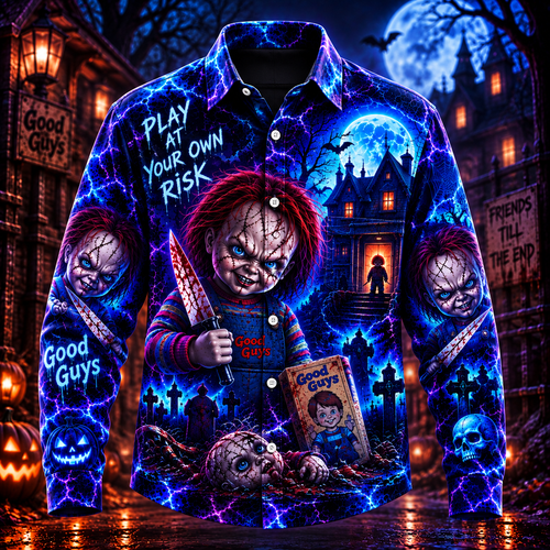 Halloween Chucky Neon AOP Long Sleeve Shirt With Pocket