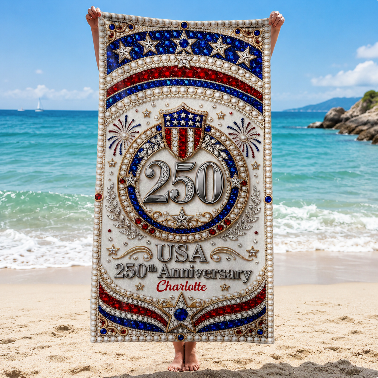 Personalized Microfiber Beach Towel USA Flag Gift Custome Name