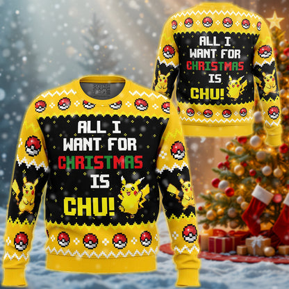 Anime PKM All I Want Pikachu PKM Ugly Christmas Sweater