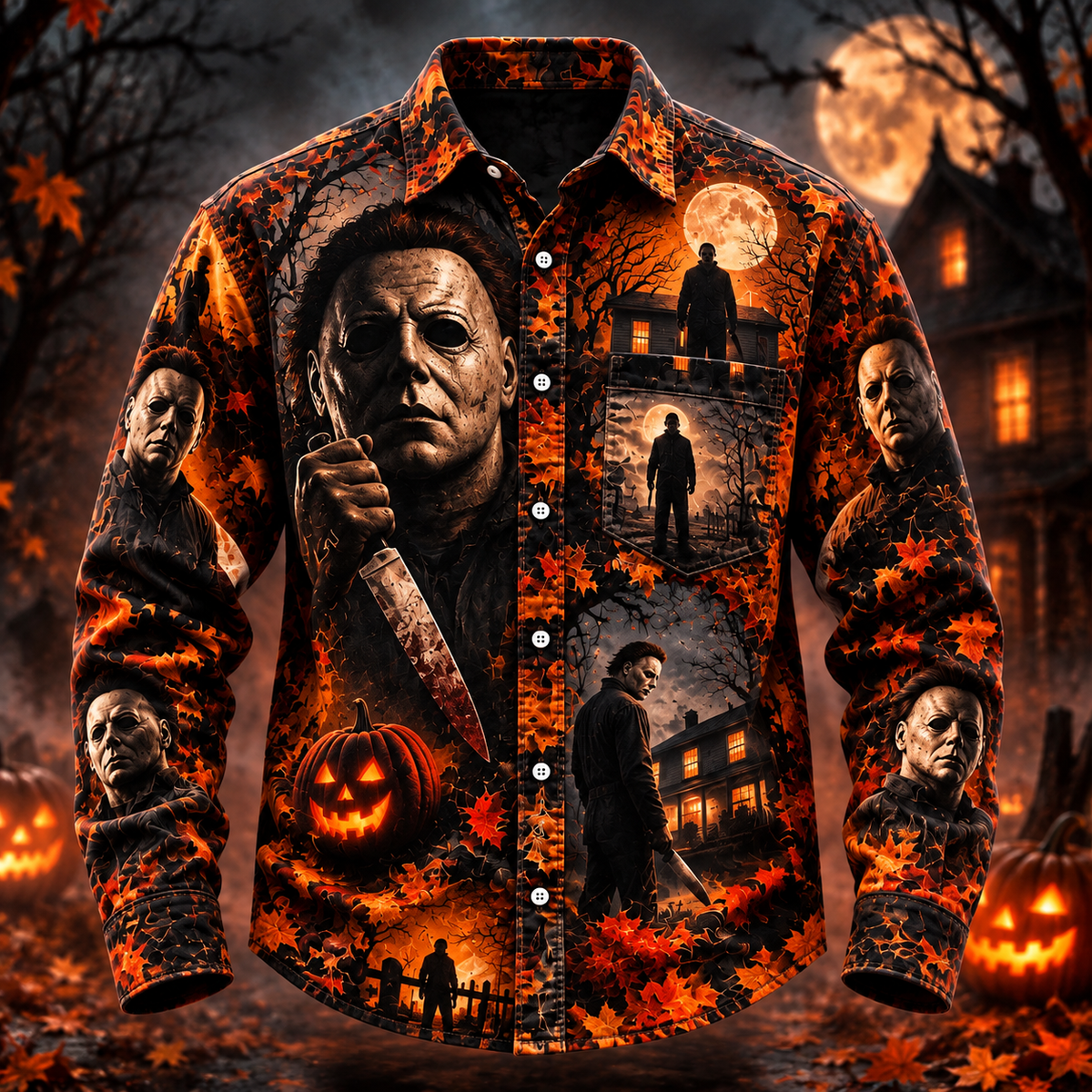 Halloween Michael Myers AOP Long Sleeve Shirt With Pocket
