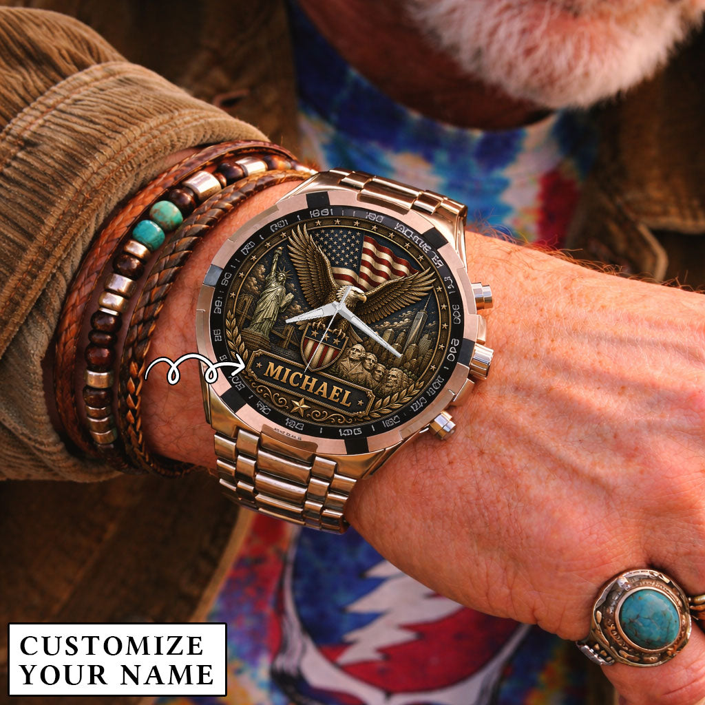Personalized Eagle USA Flag Anniversary Steel Stainless Watch