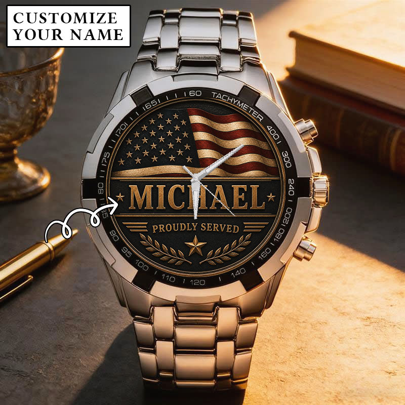 Personalized Proudly Served USA Anniversary Steel Stainless Watch