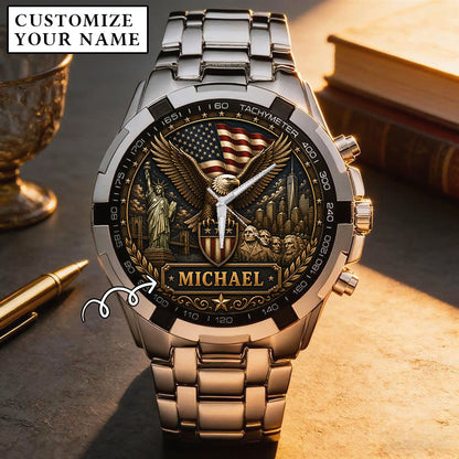 Personalized Eagle USA Flag Anniversary Steel Stainless Watch