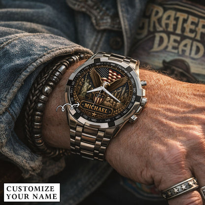 Personalized Eagle USA Flag Anniversary Steel Stainless Watch