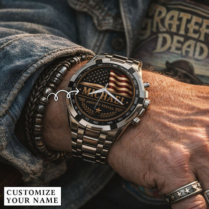 Personalized Proudly Served USA Anniversary Steel Stainless Watch