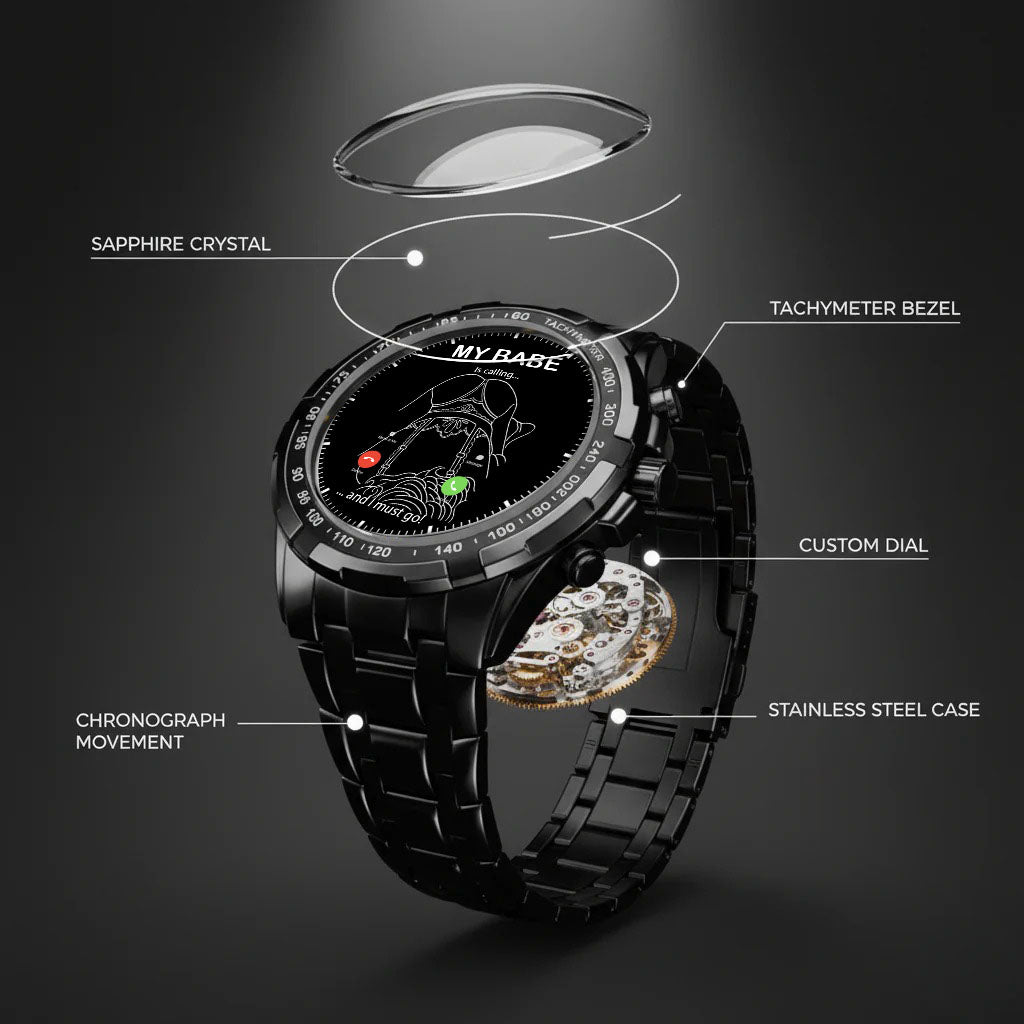 Custom Outline Photo Calling Watch – Personalized “My Babe Is Calling” Stainless Steel Timepiece | Romantic Gift for Couples