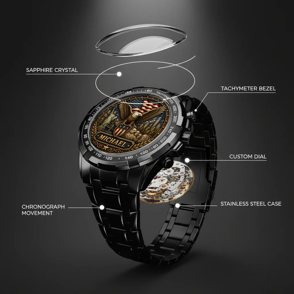 Personalized Eagle USA Flag Anniversary Steel Stainless Watch