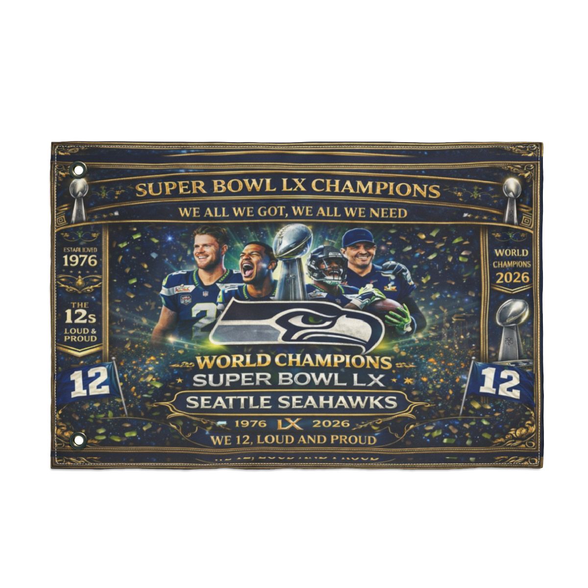 Seattle Seahawks Super Bowl LX Champions One Side Flag | World Champions 2026