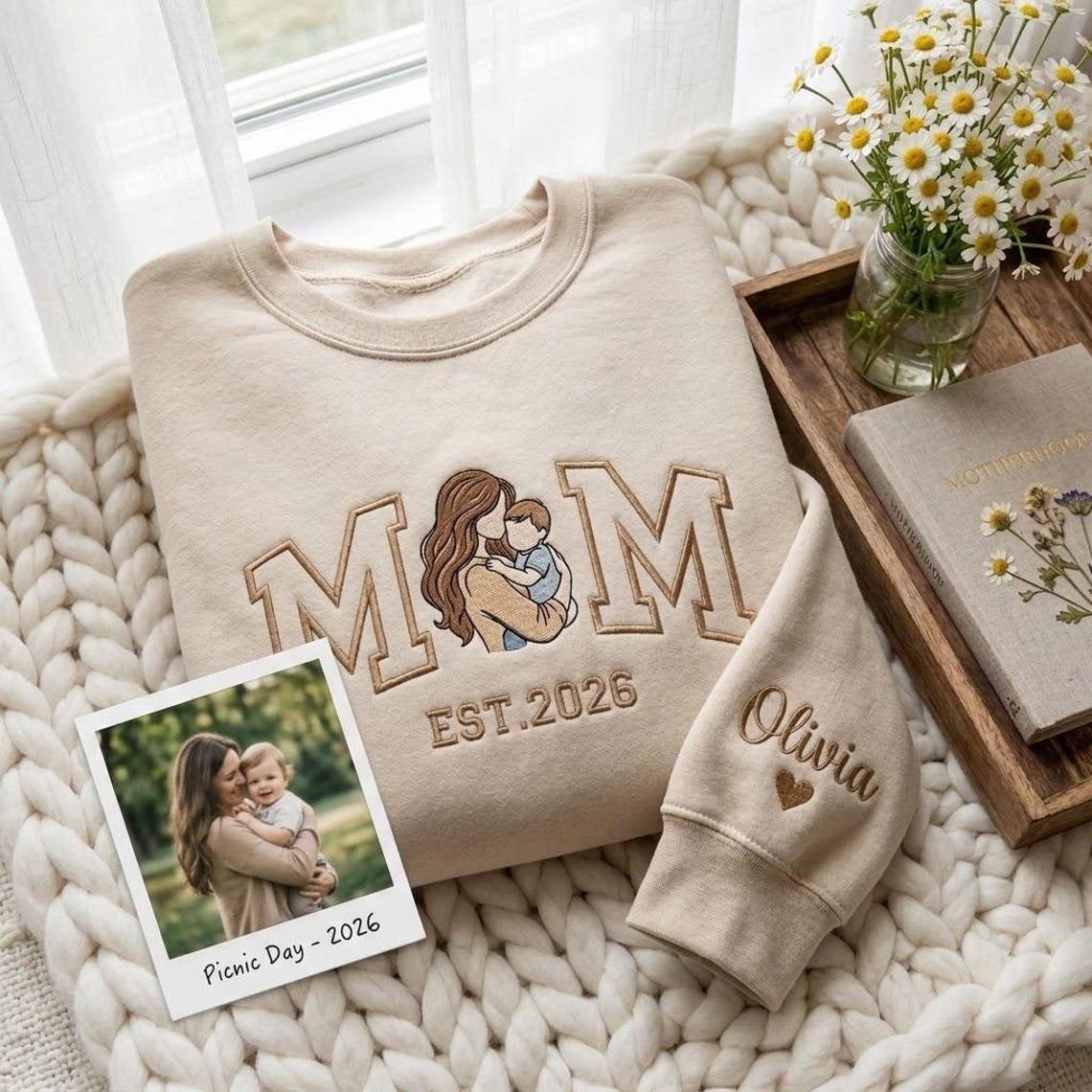 Embroidered Mother's Day EST Custom Photo With Kid's Names On Sleeve Hoodie Sweatshirt T-Shirt