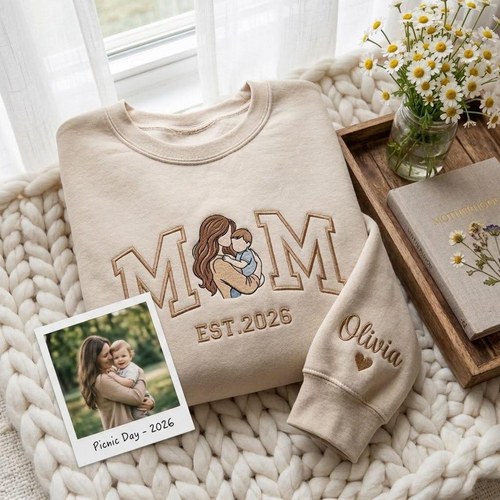 Embroidered Mother's Day EST Custom Photo With Kid's Names On Sleeve Hoodie Sweatshirt T-Shirt