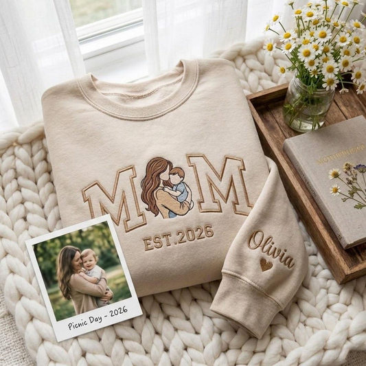 Embroidered Mother's Day EST Custom Photo With Kid's Names On Sleeve Hoodie Sweatshirt T-Shirt