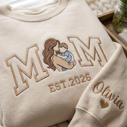 Embroidered Mother's Day EST Custom Photo With Kid's Names On Sleeve Hoodie Sweatshirt T-Shirt