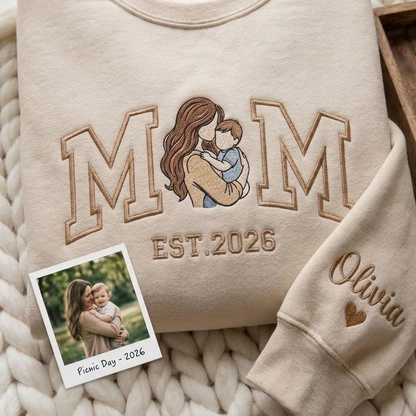 Embroidered Mother's Day EST Custom Photo With Kid's Names On Sleeve Hoodie Sweatshirt T-Shirt