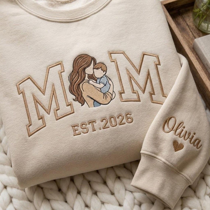 Embroidered Mother's Day EST Custom Photo With Kid's Names On Sleeve Hoodie Sweatshirt T-Shirt