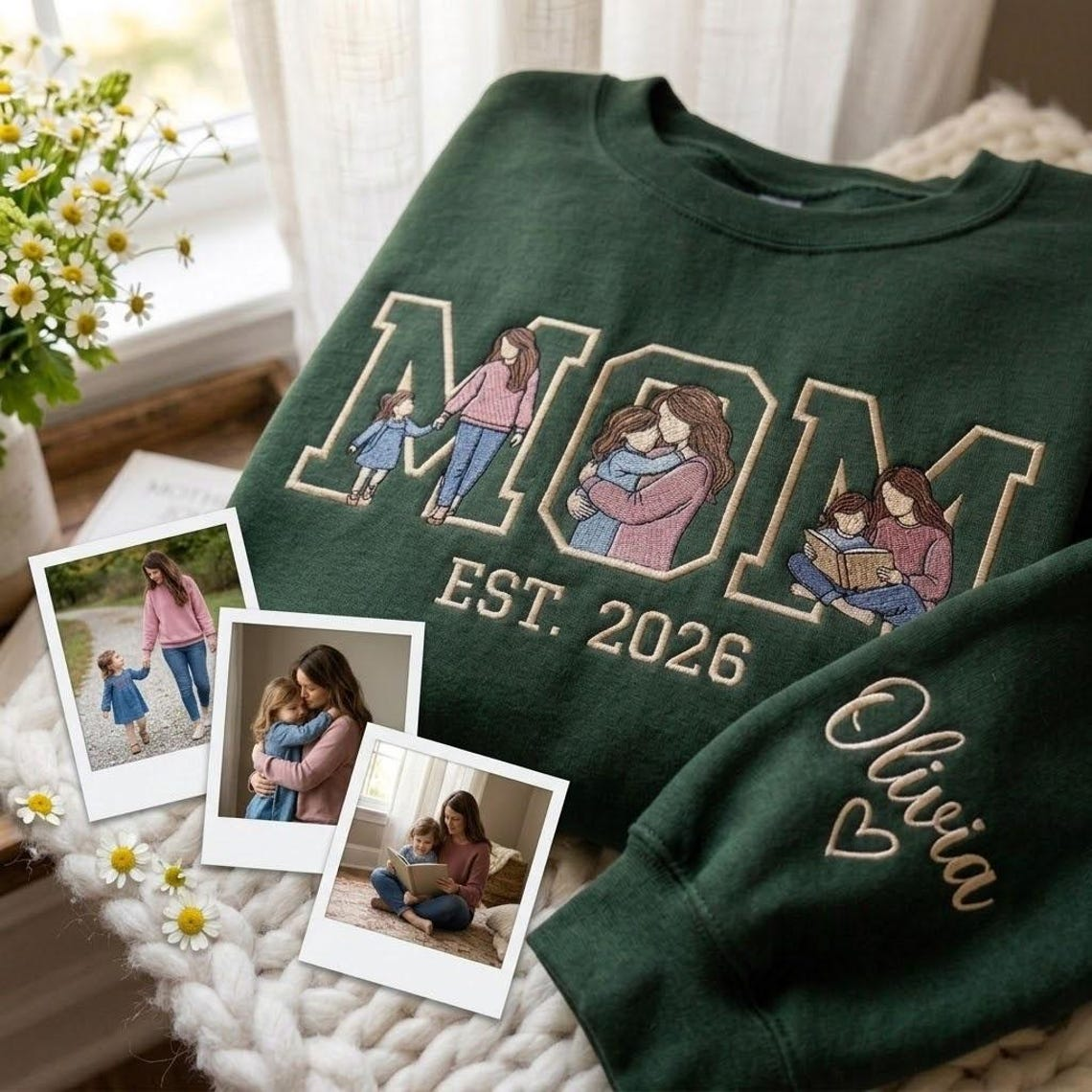 Embroidered Mother's Day EST Custom 3 Photos With Kid's Names On Sleeve Hoodie Sweatshirt T-Shirt