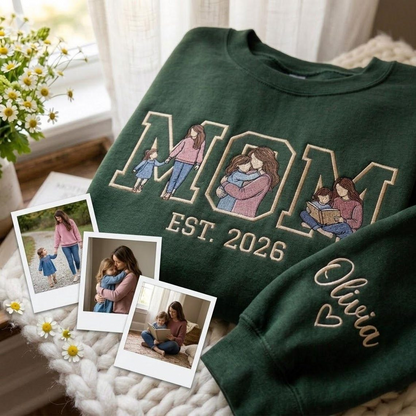 Embroidered Mother's Day EST Custom 3 Photos With Kid's Names On Sleeve Hoodie Sweatshirt T-Shirt