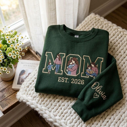 Embroidered Mother's Day EST Custom 3 Photos With Kid's Names On Sleeve Hoodie Sweatshirt T-Shirt