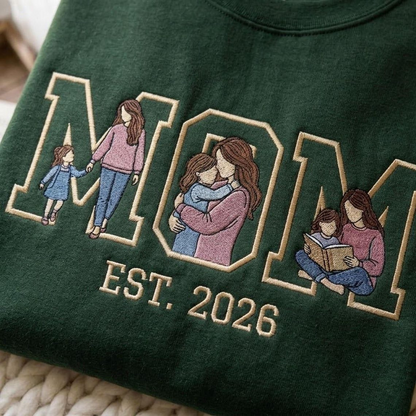 Embroidered Mother's Day EST Custom 3 Photos With Kid's Names On Sleeve Hoodie Sweatshirt T-Shirt