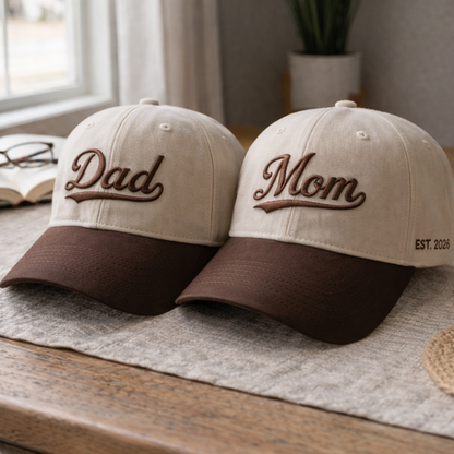 Embroidered Mom Dad Vintage Style Baseball Cap, Dyed Cap, Mother's Day Father's Day